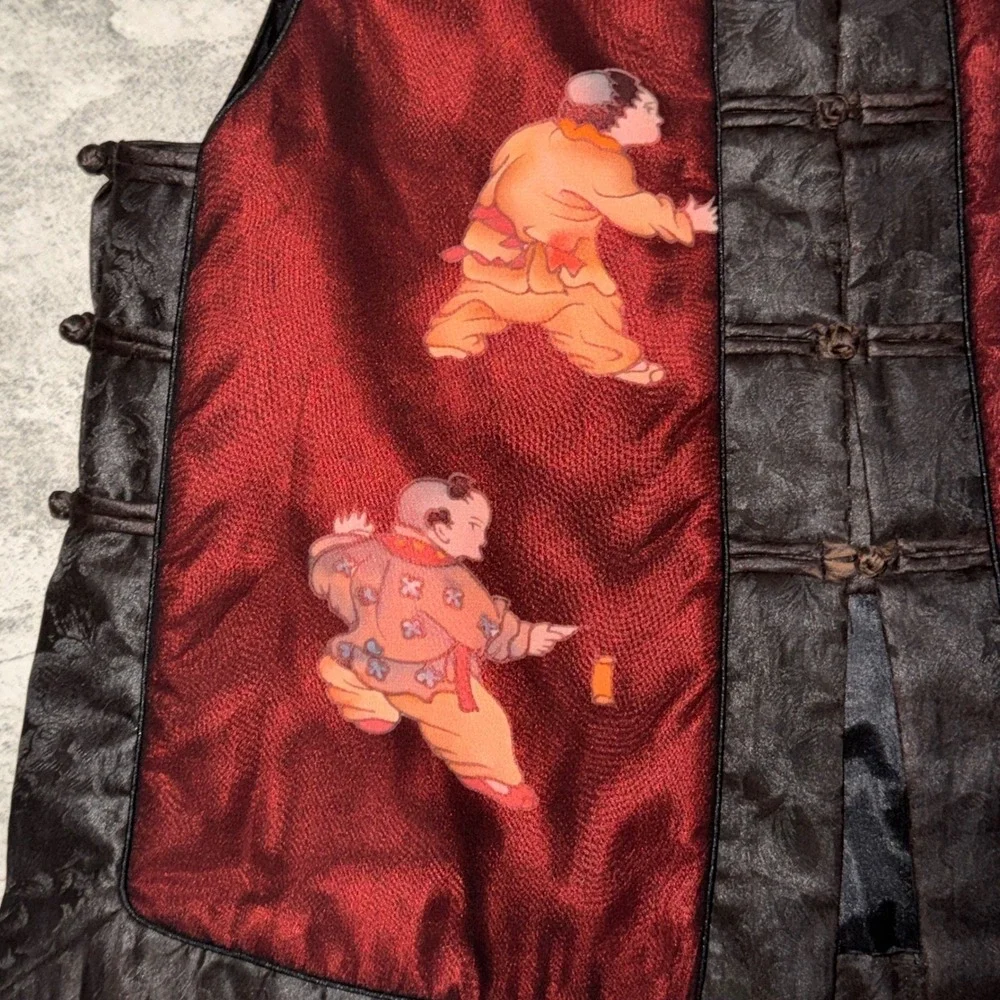 Vintage Traditional Chinese Vest‎ XL Red Black Frog Button Graphic Print